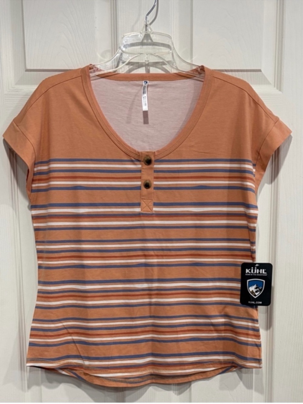 Kuhl Women's XS Solstice Short Sleeve Top Striped Red Coral NWT Cotton Blend